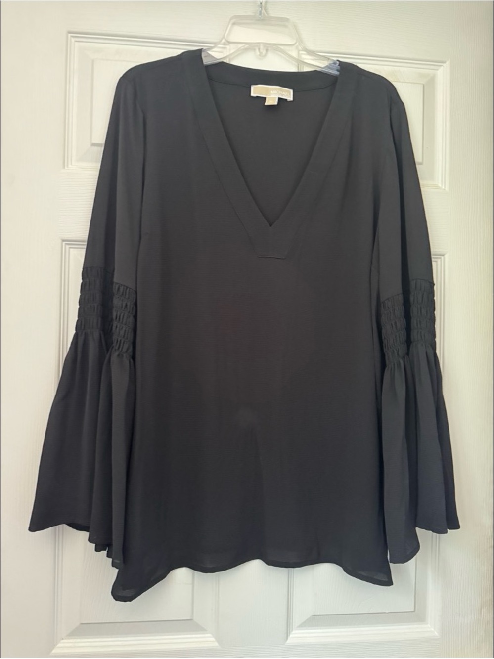 Michael Kors Black V-Neck Tunic with Smocked Bell Sleeves